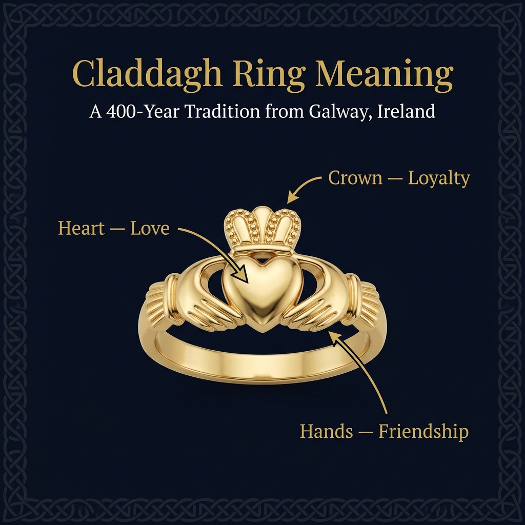 Claddagh ring meaning diagram showing the heart for love, crown for loyalty, and hands for friendship