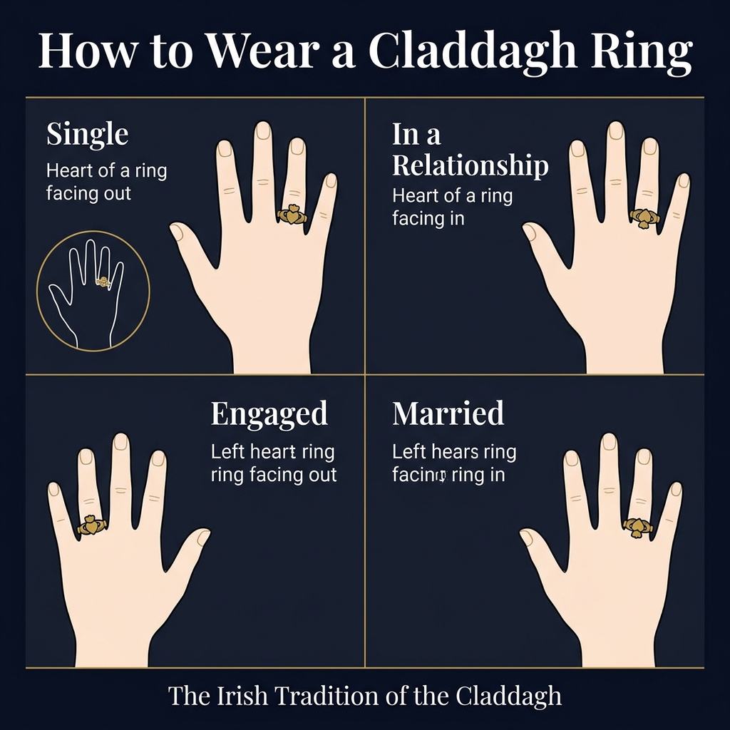 How to wear a Claddagh ring, four positions showing single, relationship, engaged, and married